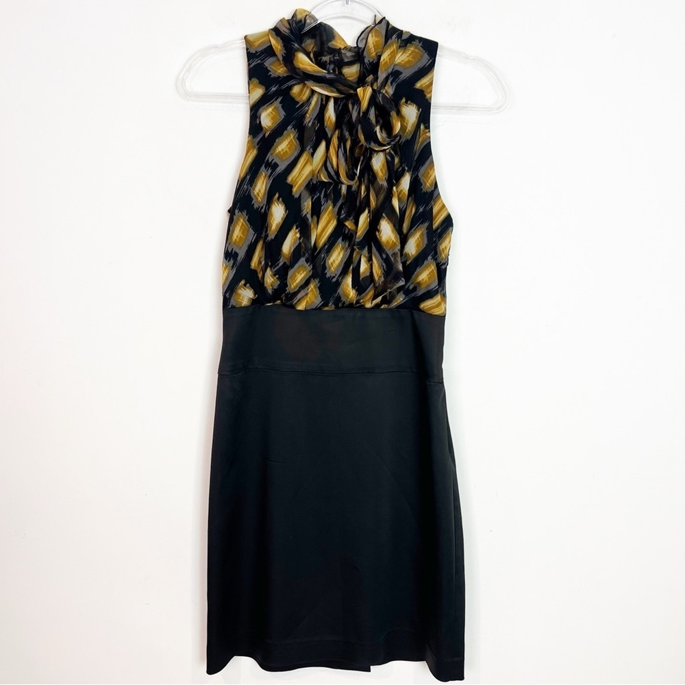 BCBG MAXAZRIA BLACK WITH YELLOW CHIFFON TOP SLEEVELESS PENCIL DRESS SZ 4